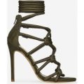 Meghan Rope Detail Lace Up Heel In Khaki Faux Suede, Green