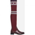 Metis Knitted Knee High Long Boot In Burgundy Faux Leather, Red