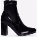Cecilia Block Heel Ankle Boot In Black Patent, Black