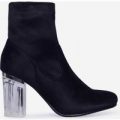 Lucia Perspex Heel Ankle Boot In Black Faux Suede, Black