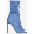 Roxie Peep Toe Ankle Boot In Mid Blue Denim, Blue