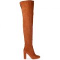 Ella Over The Knee Boots With Slim Heel In Tan Faux Suede, Brown