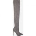 Poppy Over the Knee Grey Faux Suede Stiletto Boot, Grey
