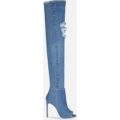 Sherlina Nym Denim Over the Knee Peep Toe Boot In Mid Blue, Blue