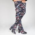Rose Floral Print Over The Knee Boots In Black, Black