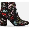 Zaza Multi Floral Print Ankle Boot In Faux Suede, Black