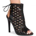 Tiffany Black Laser Cut Tie Back Heeled Sandals, Faux Leather, Black