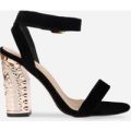 Brooklyn Rose Gold Statement Heel With Black Faux Suede Strap, Black