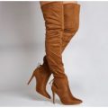 Pippa Over The Knee Boots In Tan Faux Suede, Brown