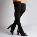 Rivea Cut Out Heel, Open Toe Long Boots In Black Knit, Black