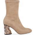 Izzy High Ankle Statement Rose Gold Heeled Boot In Nude Faux Suede, Nude