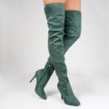 Poppy Green Over The Knee Long Boot In Faux Suede, Green