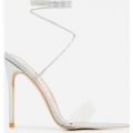 Miami Lace Up Perspex Pointed Heel In Silver Faux Leather, Silver