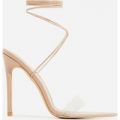 Miami Lace Up Perspex Pointed Heel In Nude Patent, Nude