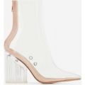Mimi Perspex Block Heel Pointed Ankle Sock Boot In Clear, Nude