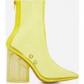 Mimi Perspex Block Heel Pointed Ankle Sock Boot In Neon Yellow, Yellow