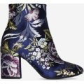 Mimi Block Heel Ankle Boot In Navy Floral Print, Blue