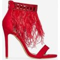 Mitchie Faux Feather Barely There Heel In Red Faux Suede, Red