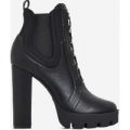 Miya Black Lycra Trim Lace Up Platform Ankle Boot In Black Faux Leather, Black