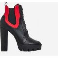 Miya Red Lycra Trim Lace Up Platform Ankle Boot In Black Faux Leather, Black