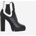 Miya White Lycra Trim Lace Up Platform Ankle Boot In Black Faux Leather, Black
