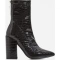 Monica Triangle Zip Detail Black Heel Ankle Boot In Black Croc Print Patent, Black