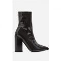 Monica Triangle Zip Detail Black Heel Ankle Boot In Black Patent, Black