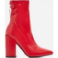 Monica Triangle Zip Detail Black Heel Ankle Boot In Red Patent, Red