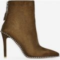 Montana Studded Detail Ankle Boot In Khaki Faux Suede, Green