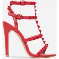 Mouna Studded Detail Heel In Red Faux Leather, Red