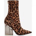 Niko Perspex Block Heel Pointed Ankle Sock Boot In Tan Leopard Faux Suede, Brown