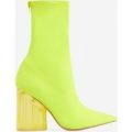 Niko Perspex Block Heel Pointed Ankle Sock Boot In Neon Yellow Lycra, Yellow