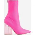 Niko Perspex Block Heel Pointed Ankle Sock Boot In Neon Pink Lycra, Pink