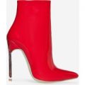 Nina Skinny Heel Pointed Toe Ankle Boot In Red Patent, Red