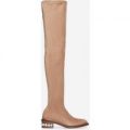 Nisha Pearl Detail Over The Knee Long Boot In Mocha Faux Suede, Brown