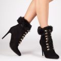 Nora Lace Up Faux Fur Ankle Boot In Black Faux Suede, Black