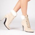 Nora Lace Up Faux Fur Ankle Boot In Nude Faux Suede, Nude