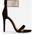 Roxette Crystal Strap Barely There Heel In Black Faux Suede, Black