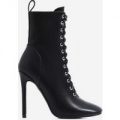 Onya Square Toe Lace Up Ankle Boot In Black Faux Leather, Black