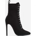 Onya Square Toe Lace Up Ankle Boot In Black Faux Suede, Black
