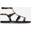 Paisley Studded Sandal In Black Faux Leather, Black