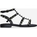 Paisley Gold Studded Detail Gladiator Sandal In Black Faux Leather, Black