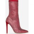 Paris Diamante Ankle Boot In Red Faux Suede, Red