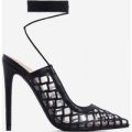 Pasha Lace Up Mesh Heel In Black Faux Leather, Black
