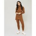 Camel Chunky Knitted Roll Neck Loungewear Set, Brown
