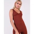 Rust Plunge Flare Ribbed Jumpsuit, Brown