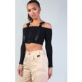 Clip Detail Bardot Crop Top, Black