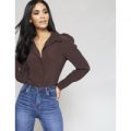 Pleated Puff Shoulder Shirt, Brown
