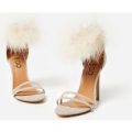 Peace Perspex Detail Fluffy Strap Heel In Nude Faux Suede, Nude