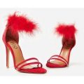 Peace Perspex Detail Fluffy Strap Heel In Red Faux Suede, Red
